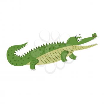 Green cartoon crocodile in natural position isolated on white background. Big reptile with wide open mouth vector illustration. Drawn friendly croc with eyebrows in flat design, sticker for children