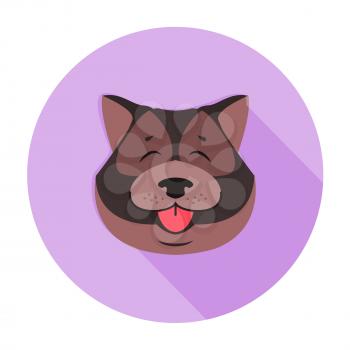 Doggy head of Tibetan mastiff close-up cartoon style on purple circle background. Canine furry head shows red tongue. Vector illustration of oldest working breeds of dogs. Graphic design art icon.