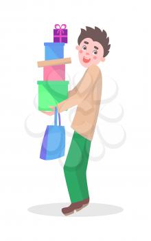 Happy man with colorful gift boxes vector illustration. Holiday shopping  flat concept isolated on white background. Male cartoon character make purchases icon. Buyer with goods bought on sale   