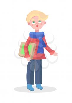Cute happy boy standing with carton box in hands vector illustration. Child holiday shopping flat concept isolated on white background. Kid character with gift icon for seasonal sale ad, infigraphics