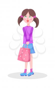 Cute happy girl standing with shopping bag in hands vector illustration. Child holiday shopping flat concept isolated on white background. Female kid character with gift icon for seasonal sale ad 