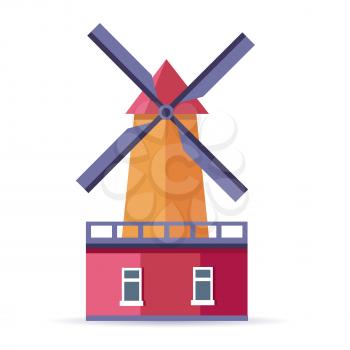 Flouring-mill isolated on white background. Vector illustration of mill building in flat design cartoon style. Tower for harvest keeping, construction for mobile game applications, countryside farm