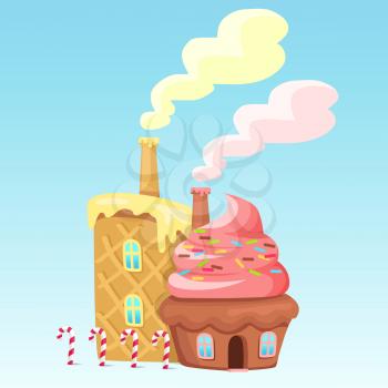 Chocolate cake with pink topping, two windows and colored drops. Checkered waffles with creamy cream. Sweet desserts have acting chimney, four candy canes stands near wafer window vector illustration