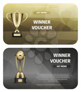Winner voucher with gold trophy for victory vector illustration. Prize for successful project. Honorable award for achievements in form of globe and with cover. Perspective startup winning reward.