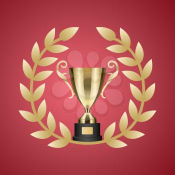 Shiny gold trophy cup for first place in tournament on stand and big laurel wreath on red background vector illustration.