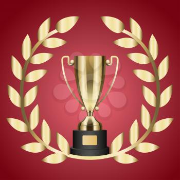 Gold trophy for victory and laurel branches isolated on red. Vector illustration of prize for successful business project. Honorable award for great achievements. Perspective startup winning reward.