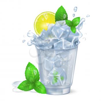 Faceted glass of mojito with lot of ice, fresh lime and green spearmint isolated vector illustration on white background.