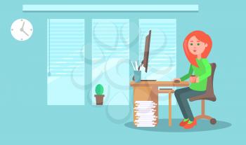 Cartoon female employee with cup of coffee in comfortable office at computer. Cozy interior with large windows, small cactus, wall clocks, wooden table with stationary and pile of documents beside.