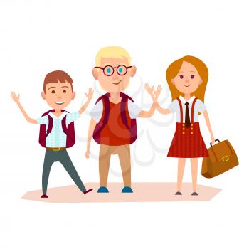 Happy schoolchildren with color schoolbags waving their hands vector illustration on white background. Friendship of two boys and red-haired girl.