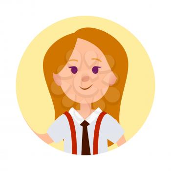 Girl avatar in round web button isolated on white. Smiling schoolgirl teenager userpic profile icon. Vector illustration of caucasian teen in flat cartoon style, redhead female in school uniform