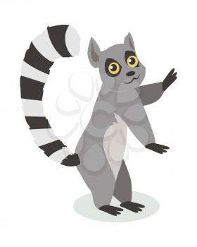 Lemur cartoon character. Lemur with big striped tail flat vector isolated on white. Madagascar fauna. Cute lemur icon. Wild animal illustration for zoo ad, nature concept, children book illustrating