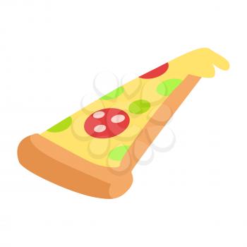 Slice of hand drawn appetizing pepperoni pizza isolated on white. Spicy salami, cheese mozzarella and greens on thin dough. Crispy crust. Vector illustration of Italian traditional food flat design.