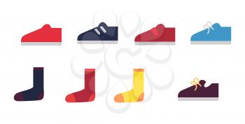 Men cartoon sneakers with clasp and shoelaces and colorful socks set. Vector illustration of sport shoes and bright underwear. Interesting variants of wear combinations for human male character.
