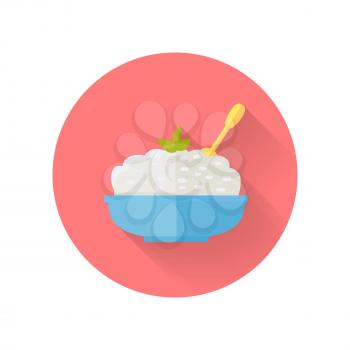 Dairy dish vector illustration in flat design. Cottage cheese or porridge in blue plate with spoon and herb. Natural and healthy nutrition. For food concept, milk production ad. Isolated on white