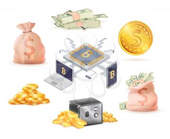 Set of money and online cash connected with laptop and mobile phone vector banking concept Bags with dollars and gold saved in storage