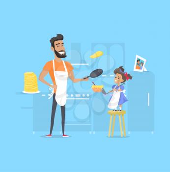 Hilarious father and daughter preparing pancakes in kitchen. Vector illustration of dad holding pan and daughter stands on stool, keeping bowl with ladle, photo and huge pile of pancakes behind