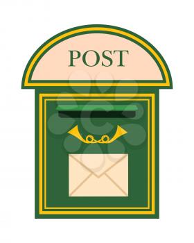 Traditional wall mounted metal mailbox with horns and envelope flat vector illustration. Vintage green mail house for letters isolated on white background. Classic postal box for correspondence