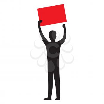 Man silhouette holding red template for text, vector illustration isolated on white background. Human showing red placard illustration for public protests concepts