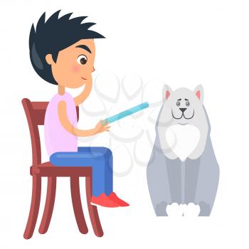 Little boy on chair reads from blue tablet and white Husky dog sits beside him isolated vector illustration on white background.