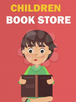 Children book store banner with boy reading interesting story vector illustration isolated. Schoolboy with wide open eyes enjoy learning