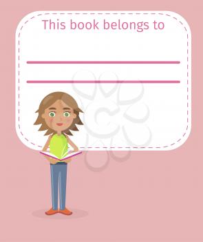 Place for book signing with cute little girl in green T-shirt who stands and holds open book vector illustration on peach background.
