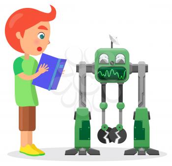 Little redhead boy holds book and looks at green robot with satellite and sound wave panel isolated vector illustration on white background.