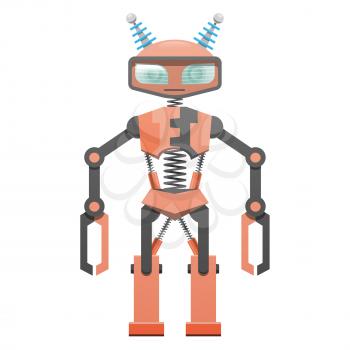 Red robot with pincer hands and two horns art icon on white background. Metal head, black and red body, powerful legs fastened by black spring. Protective screen in front of eyes vector illustration.