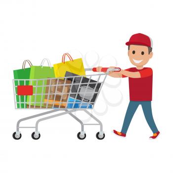 Kid making holiday purchases. Pleased boy in cap walking with bought goods in shopping trolley flat vector isolated on white. Happy child customer illustration for shopping and sale concepts