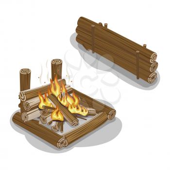 Bonfire from logs with flame isolated on white. Fireplace warm concept for preparing food or getting warm in flat design. Wood piles nearby. Vector illustration of isolated firewood with burning flame