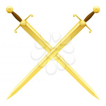 Two crossed swords of gold on white background. Severe cold weapon with straight blade at ethnic times vector illustration.