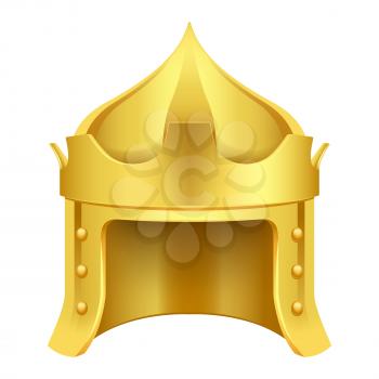 Cartoon gold king crown in form of durable helmet with cone top isolated on white background. Medieval accessory vector illustration.
