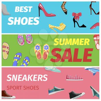 Best summer sale of sneakers sport shoes set of colorful banners. Footwear shopping concept. Elegant high heels shoes, flip flops for walks at beaches and sportive shoes vector illustration