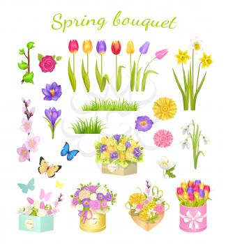 Concept of beautiful spring bouquet isolated on white. Vector illustration of purple primroses, flowering branch, colored tulips and roses, flying butterflies, daffodils and snowdrops, cardboard boxes