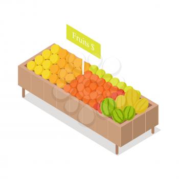 Fruits in shop showcase isometric vector illustration. Oranges and watermelons on supermarket shelve 3d model isolated on white. Grocery store equipment isometry for games, apps, icons, web design