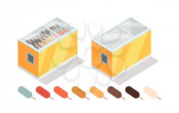 Ice-cream in shop freezer isometric vector illustration. Eskimo on stick on supermarket fridge 3d model isolated on white background. Full and empty groceries refrigerator isometry for game, app, icon