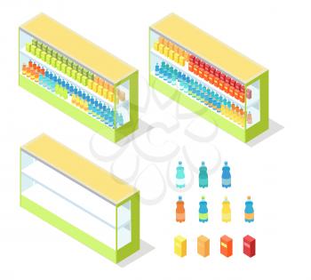 Beverages and juice in shop showcase isometric vector illustration. Drinks on supermarket shelves 3d model isolated on white background. Full and empty groceries rack isometry for game, app, icon, web