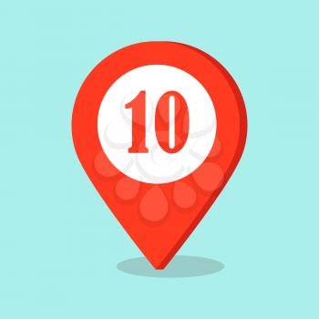 Map pointer icon with number ten sign in red and white colors isolated on blue background. Symbol of location in cartography concept. Vector illustration of gps direction button in flat style design