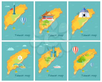 Concept of Taiwan map in Pacific Ocean. Vector illustration of Chiang Kai-shek Memorial Hall, Confucius Temple, lasting Taipei, Dragon Arched Bridge, Skyscraper Tanteks, Maokong Mountain Cableway.