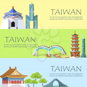 Taiwan travel colorful poster with asian traditional attractions and sightseeings on yellow, green and blue backgrounds. Vector banner in flat design of touristic places for visiting in Asian country