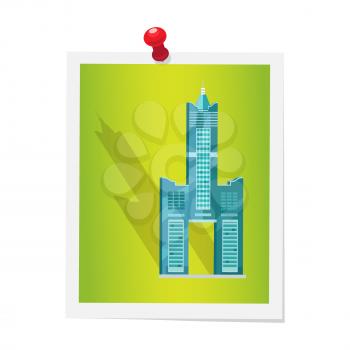 Tuntex Sky Tower on isolated picture attached by red drawing pin on white. Vector colorful illustration in flat design of Taiwanese high world architectural attraction consisting of three buildings