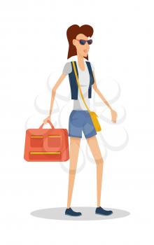 Summer vacation concept. Red head girl travels with luggage. Traveling with handbag baggage illustration. Flat style design. Woman in sunglasses with ladies bag and luggage. Isolated on white