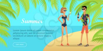 Summer vacation web banner. Young couple in beach clothes and sunglasses standing on sea shore with cocktails in hands flat vector illustration. Leisure on tropics. For travel company landing page  