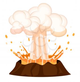 Erupting liquid drains splashing out burning volcano on white background. Strong flow of effluent red-hot lava, white clouds over top of brown stone. Vector illustration of geological making.
