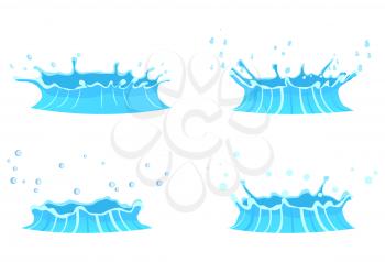 Cartoon splashes vector illustrations on white background. Liquid and drops that splatter all around and make round waves. Pure fresh water in natural condition. Raindrops that fall into puddle.