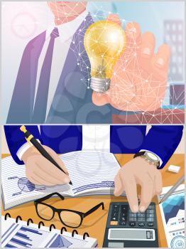 Business idea and calculation process set vector. Businessman with electric bulb and person writing information on paper. Documentation of office