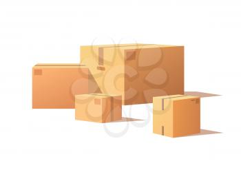 Fragile packs, closed packages with adhesive tape, post office crates, stockpile storage stacks. Cardboard boxes of big and small size isolated vector.