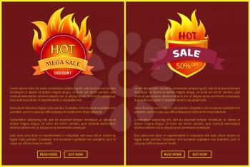 Mega sale burning labels with info about discounts, lansing pages set. Blazed signs with flame, informative web online banners with promo offers vector