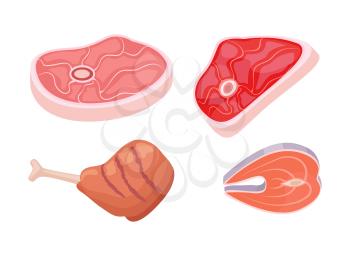 BBQ set, meat for barbecue, isolated vector icon. Beef and pork fresh raw steak with bone in center and tendons, red fish meat and roast chicken leg