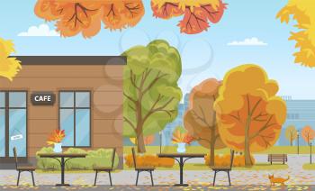Autumn city park with tables near cafe building. Bistro or restaurant among fall leaves on trees, ginger cat and wooden bench vector illustration.