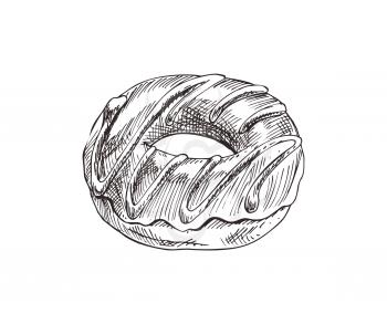 Chocolate donut fast food monochrome sketch outline. Sweet baked cake with hole topped with cream. Take away meals glazed ring vector illustration